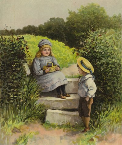 Children in the Countryside with a Basket of Fruit by English School